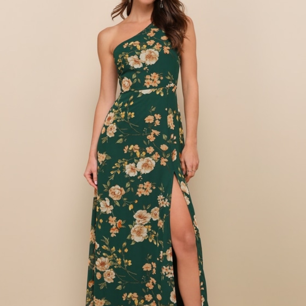 Lulus Elegant Admiration Emerald Green Floral One-shoulder Maxi Dress - Size S